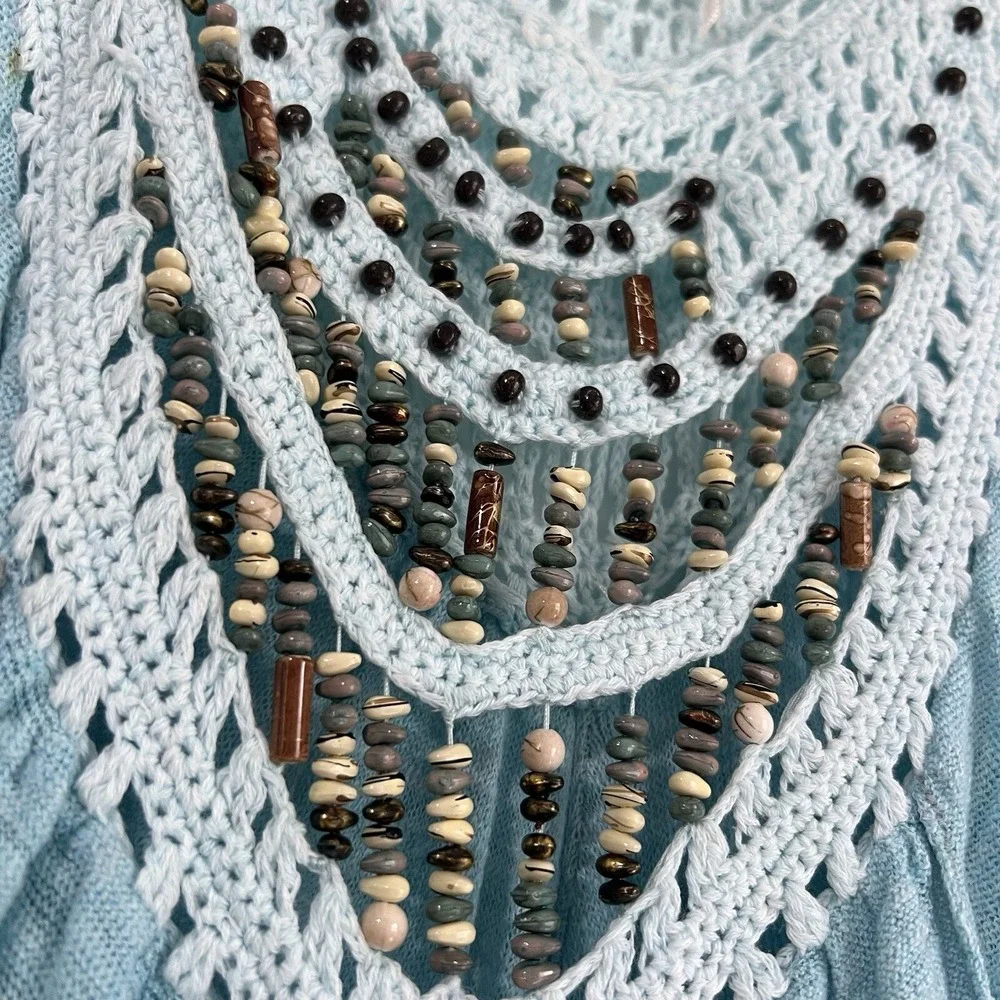 RARE Free People Crochet Beaded Neck Swing Tunic‎ Tank Top Blouse Aqua Blue XS